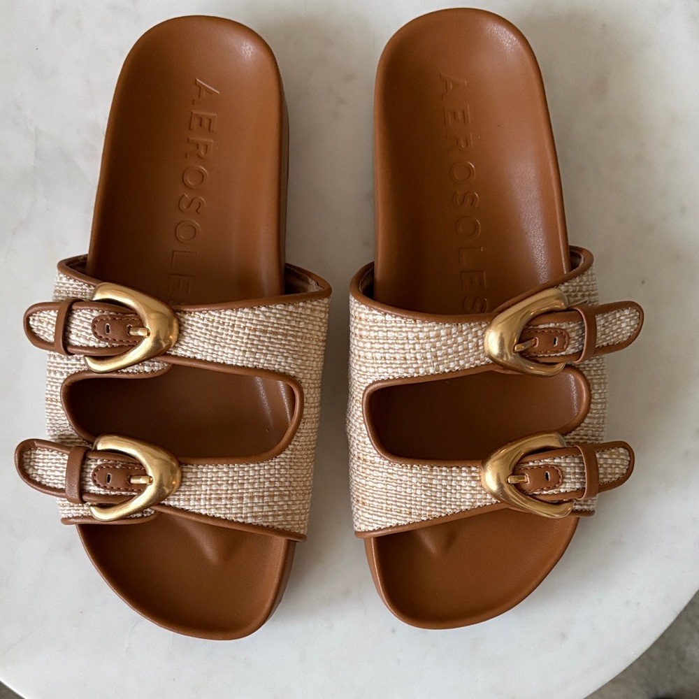 AEROSOLES Tan and Brown Slide Sandals with Gold Buckles